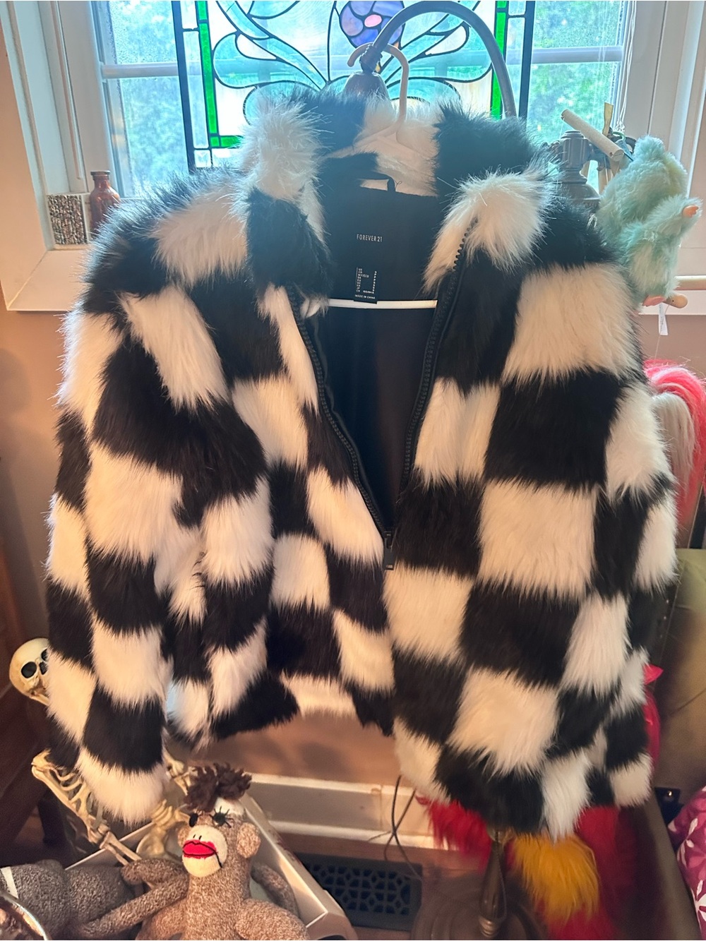 Forever 21 Black and White Checkered Faux Fur Jacket